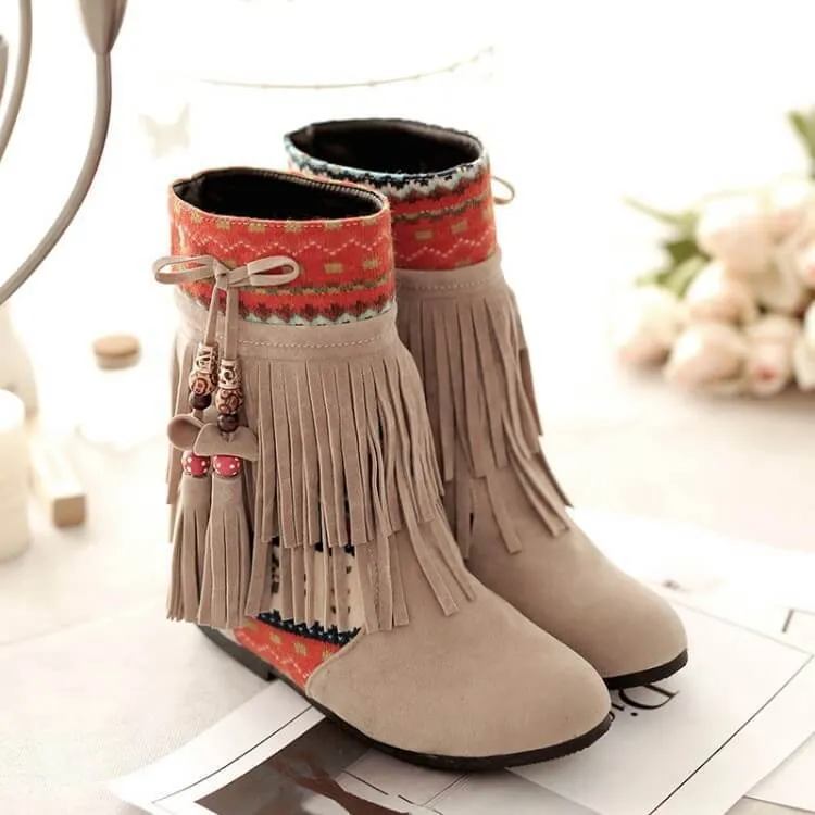 Fringe Low Heel Suede Patchwork Calf Boots