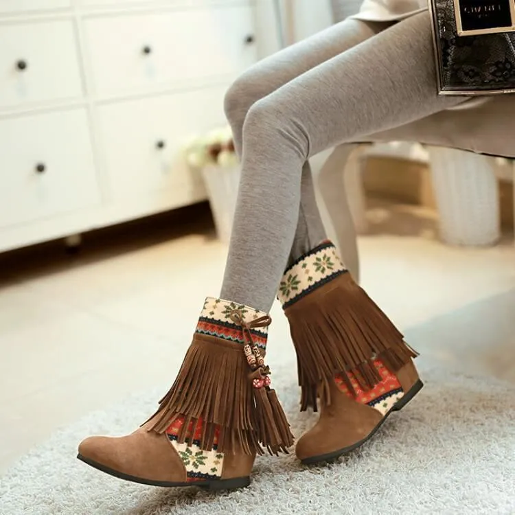 Fringe Low Heel Suede Patchwork Calf Boots