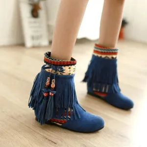 Fringe Low Heel Suede Patchwork Calf Boots