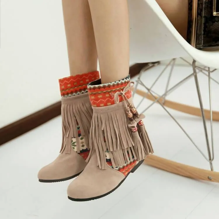 Fringe Low Heel Suede Patchwork Calf Boots