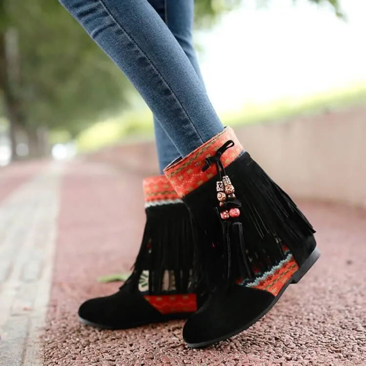 Fringe Low Heel Suede Patchwork Calf Boots