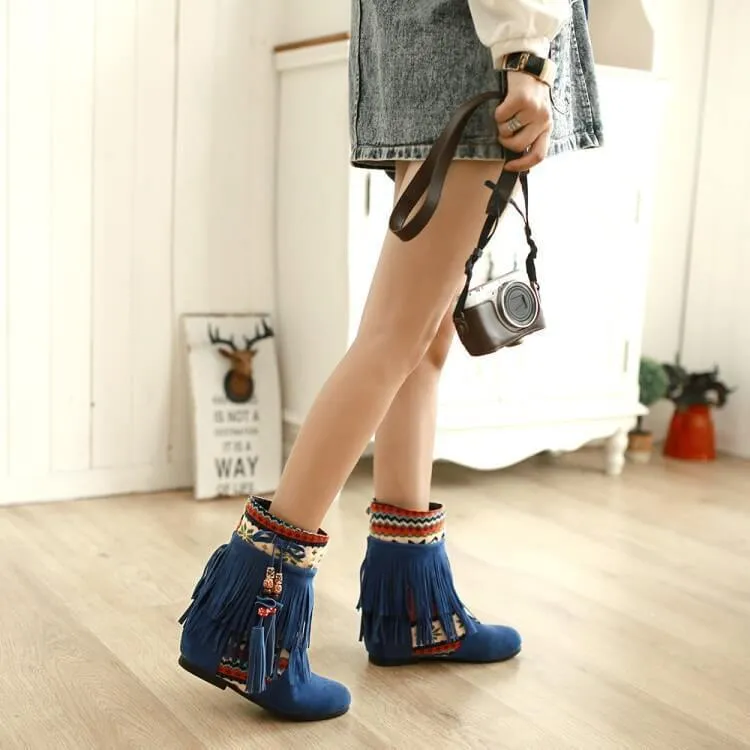 Fringe Low Heel Suede Patchwork Calf Boots