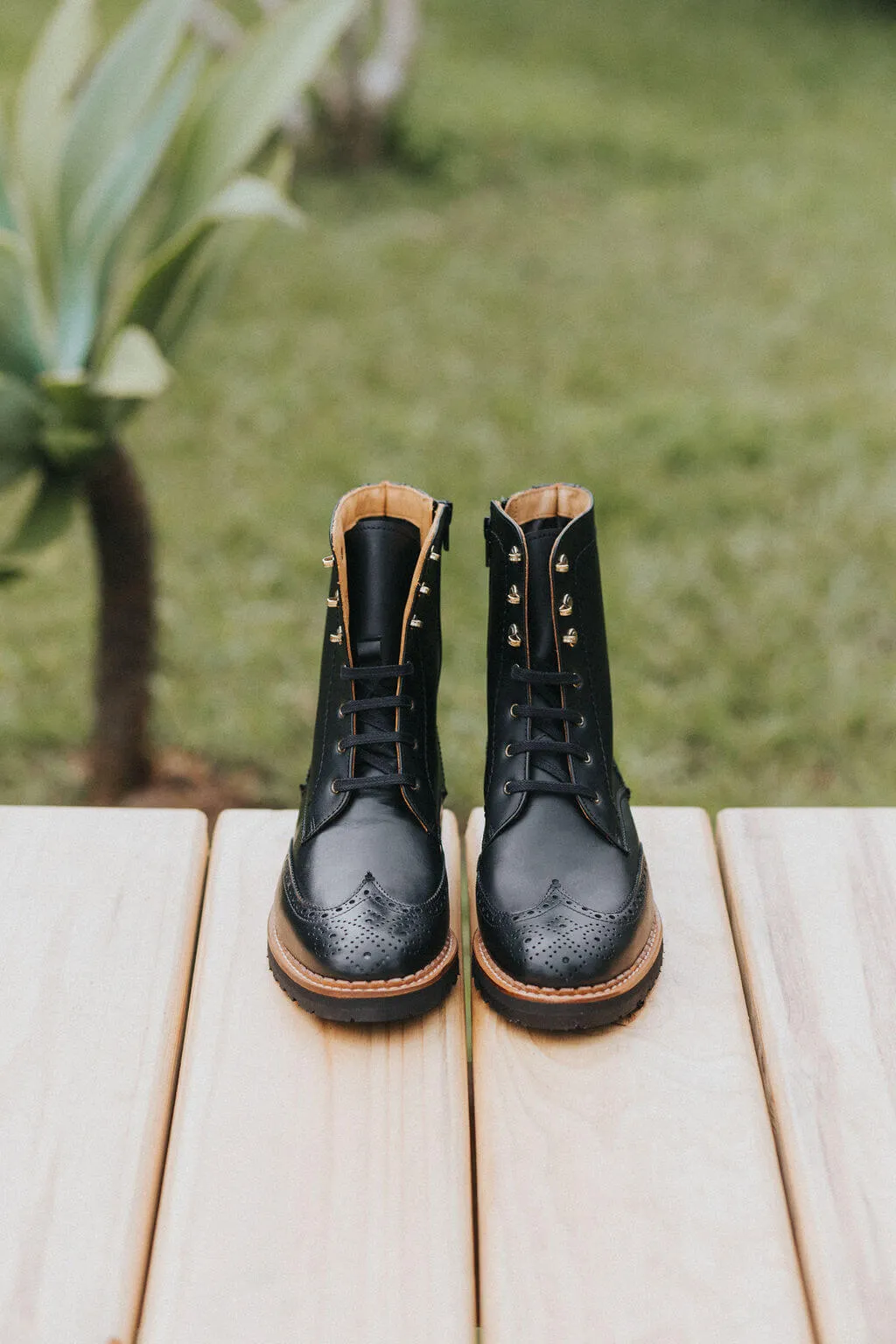 Gaia Lace-up Brogue Boots - Black Leather