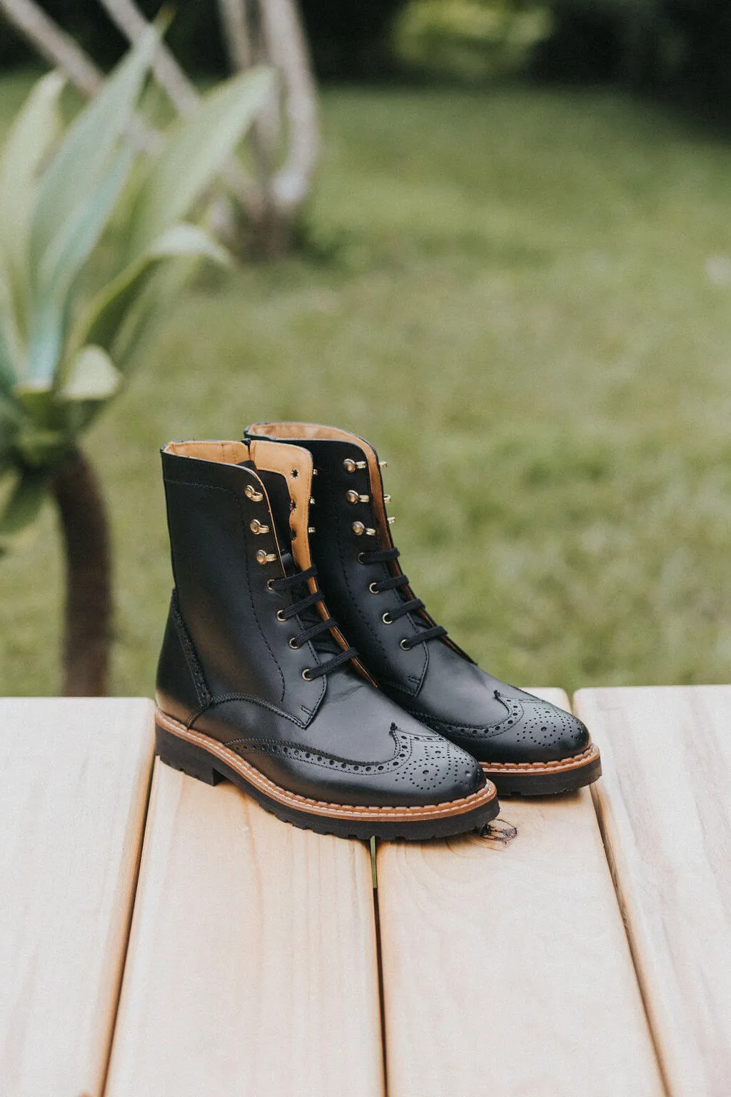 Gaia Lace-up Brogue Boots - Black Leather