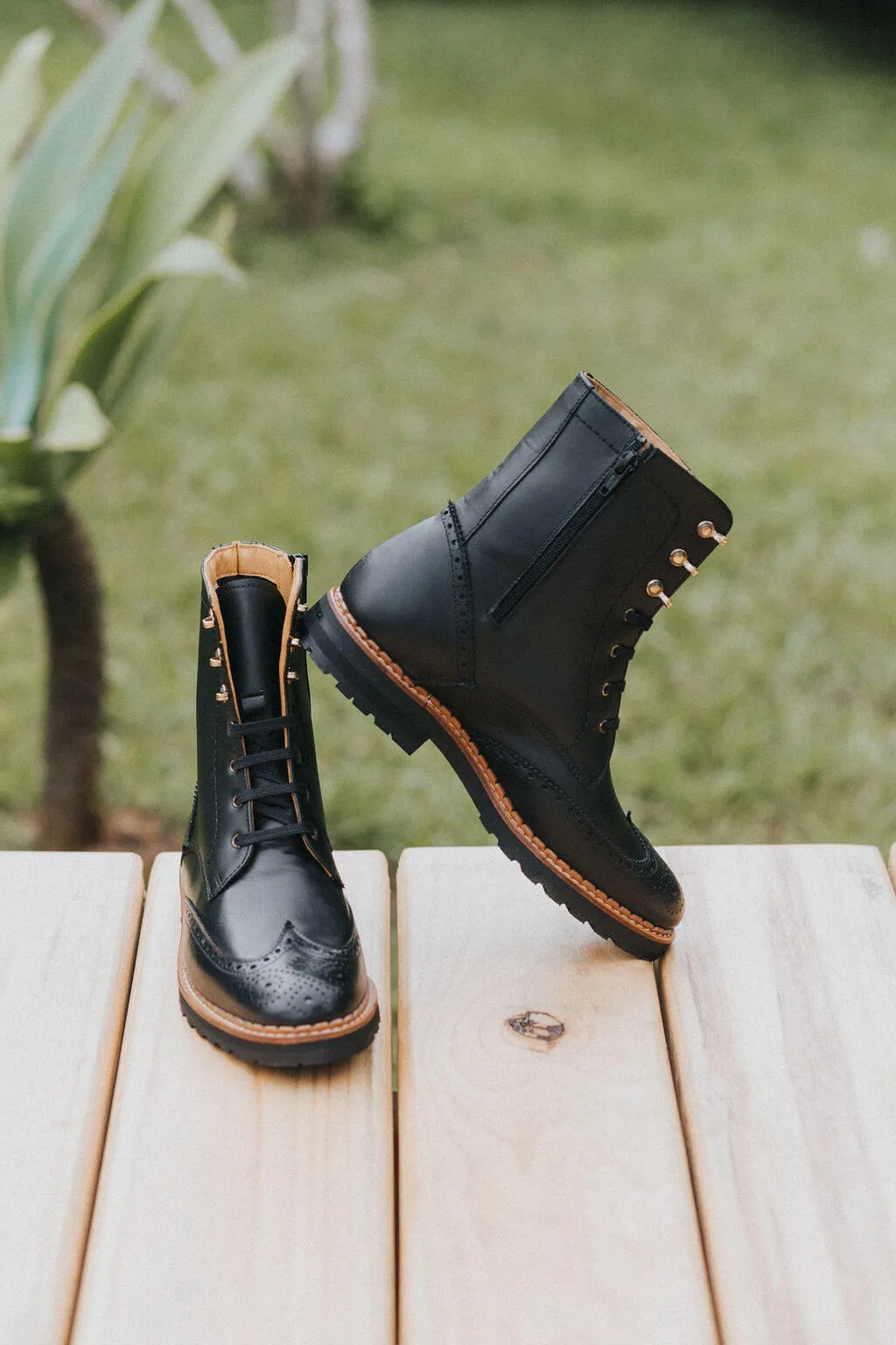 Gaia Lace-up Brogue Boots - Black Leather