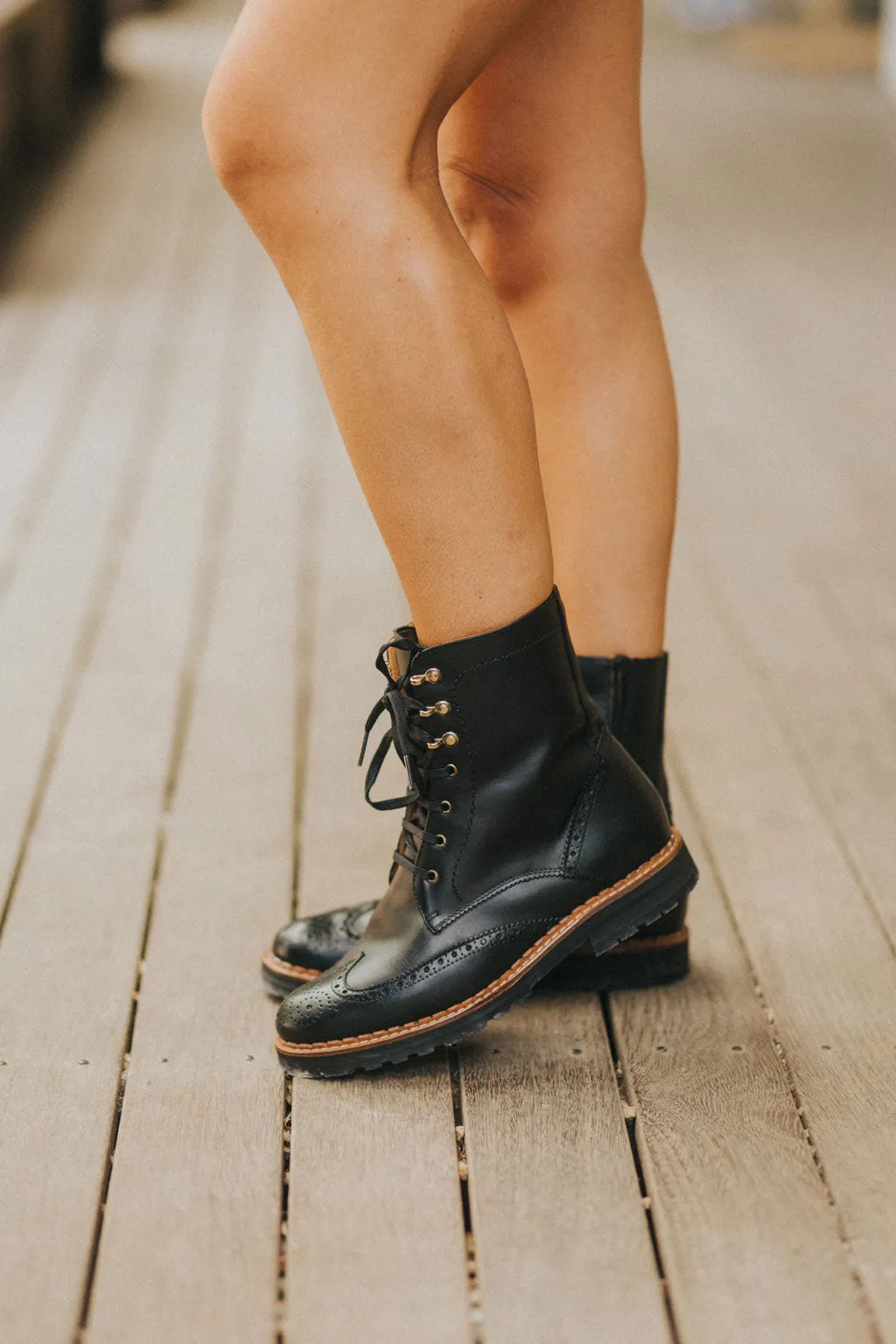 Gaia Lace-up Brogue Boots - Black Leather