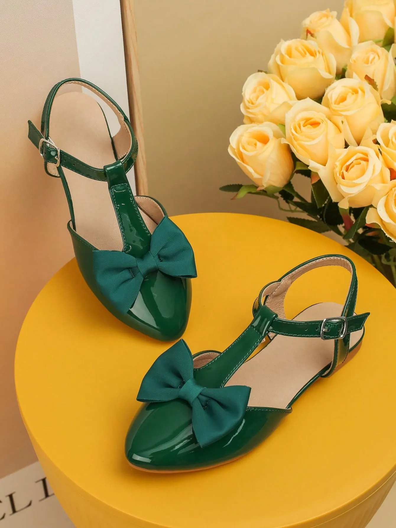 Girls Bow Decor Point Toe Ankle Strap Flats For Party