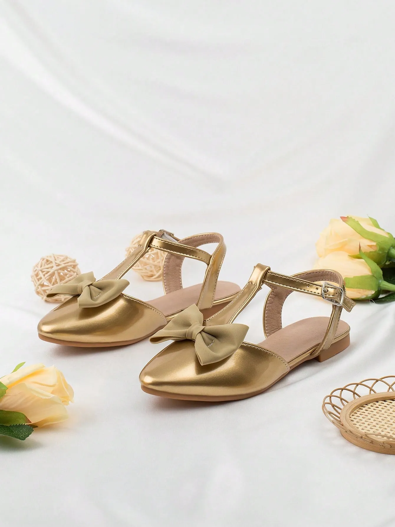 Girls Bow Decor Point Toe Ankle Strap Flats For Party