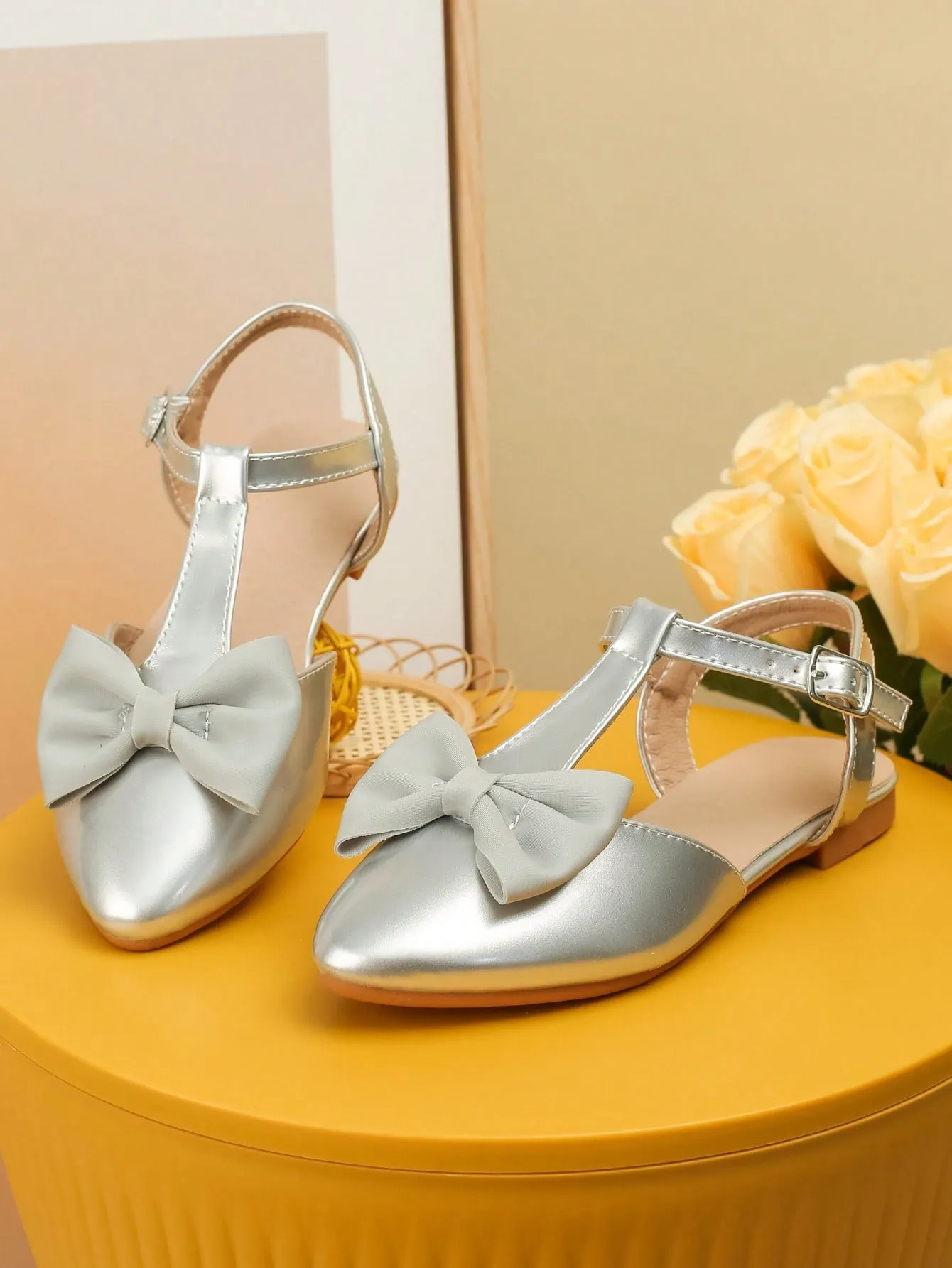 Girls Bow Decor Point Toe Ankle Strap Flats For Party