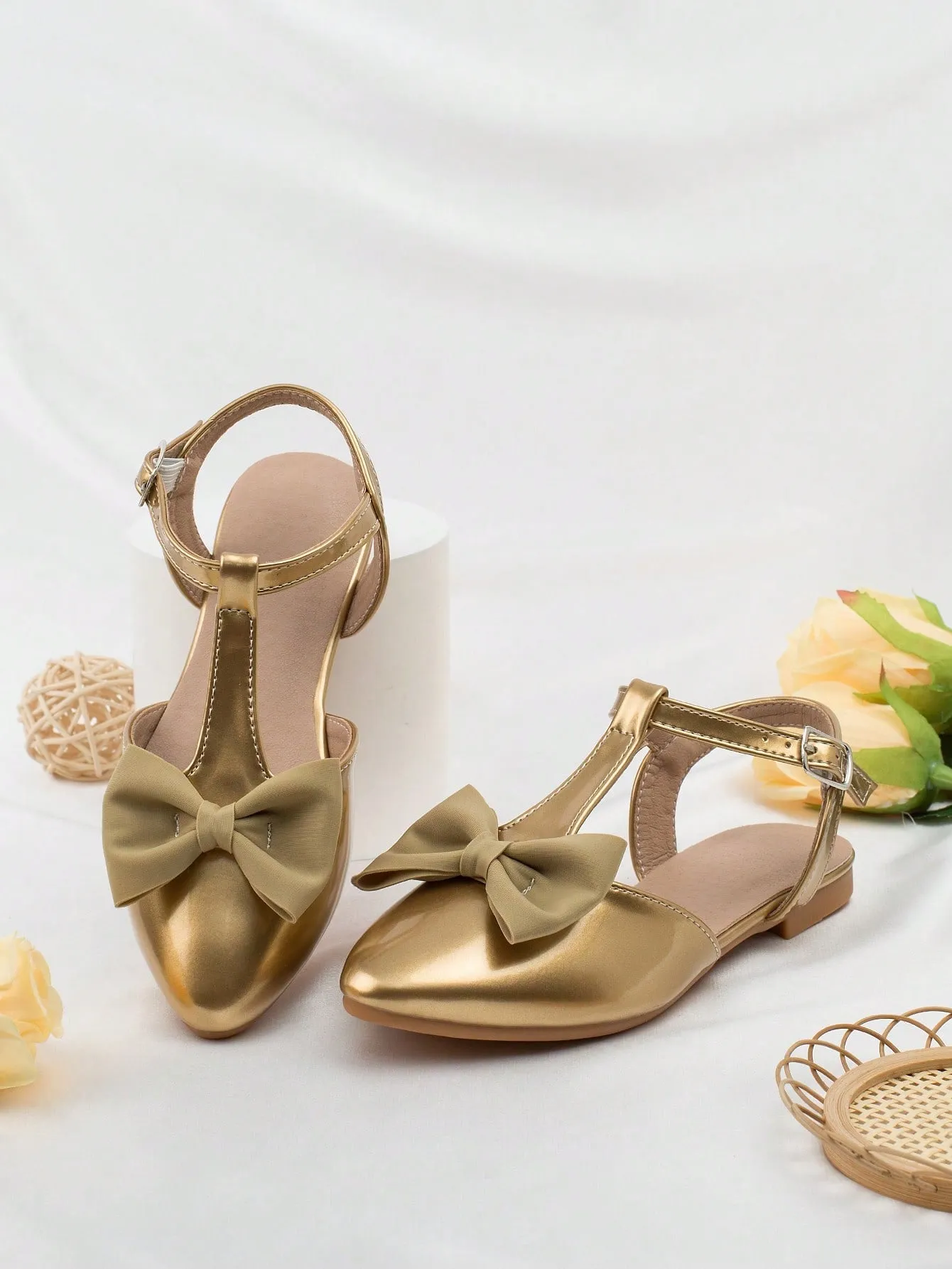 Girls Bow Decor Point Toe Ankle Strap Flats For Party
