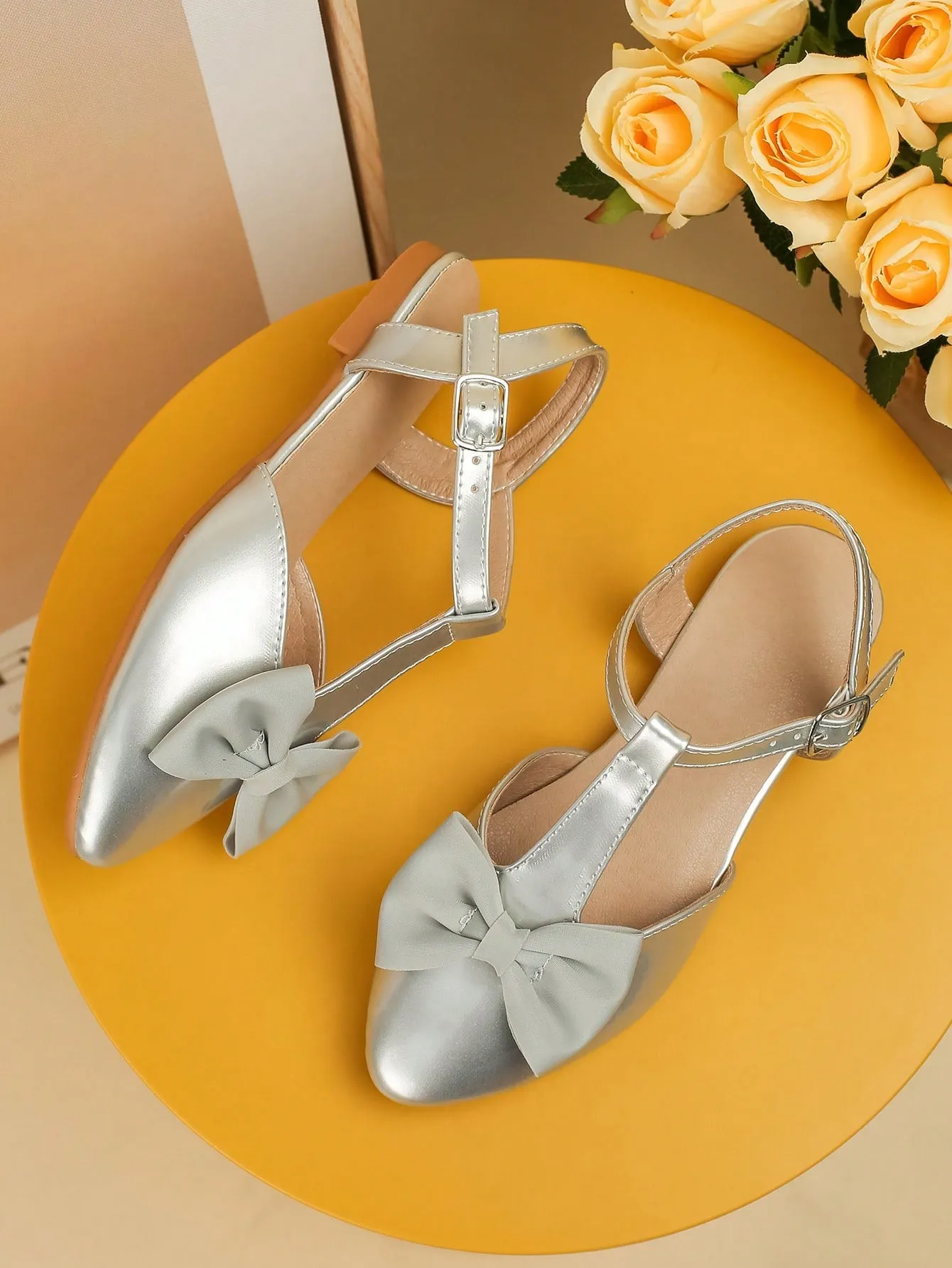 Girls Bow Decor Point Toe Ankle Strap Flats For Party