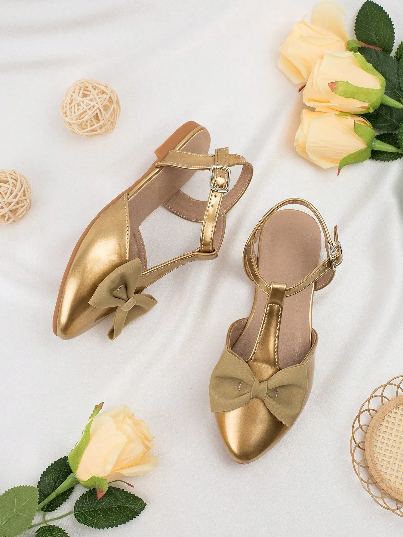 Girls Bow Decor Point Toe Ankle Strap Flats For Party