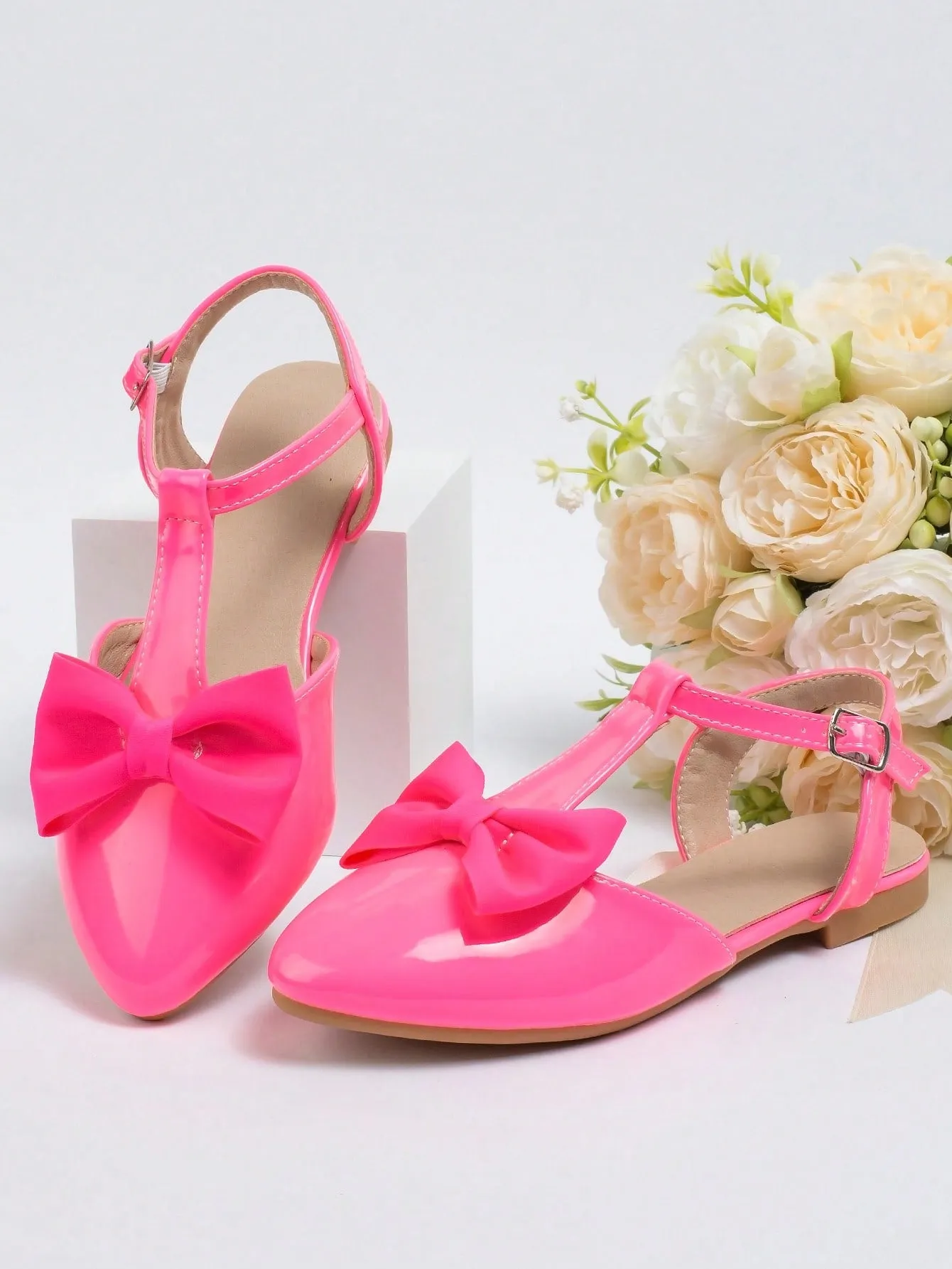 Girls Bow Decor Point Toe Ankle Strap Flats For Party
