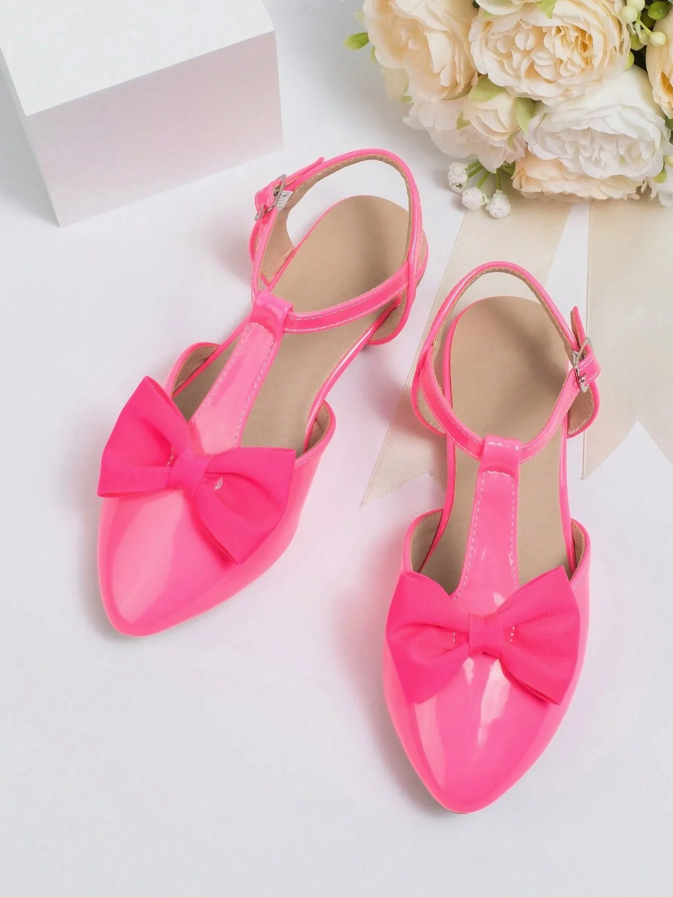 Girls Bow Decor Point Toe Ankle Strap Flats For Party