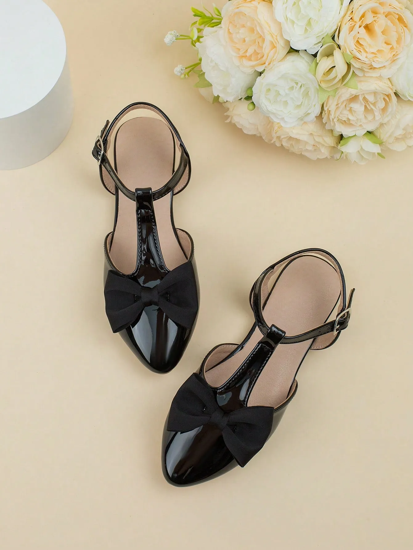 Girls Bow Decor Point Toe Ankle Strap Flats For Party