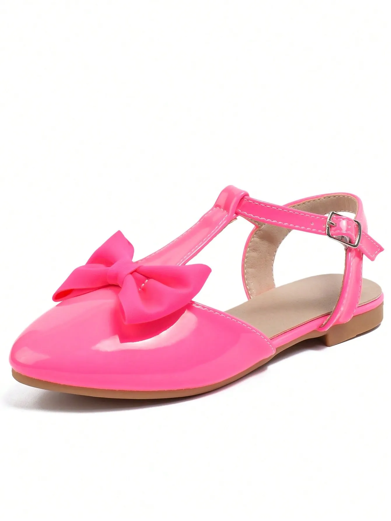 Girls Bow Decor Point Toe Ankle Strap Flats For Party