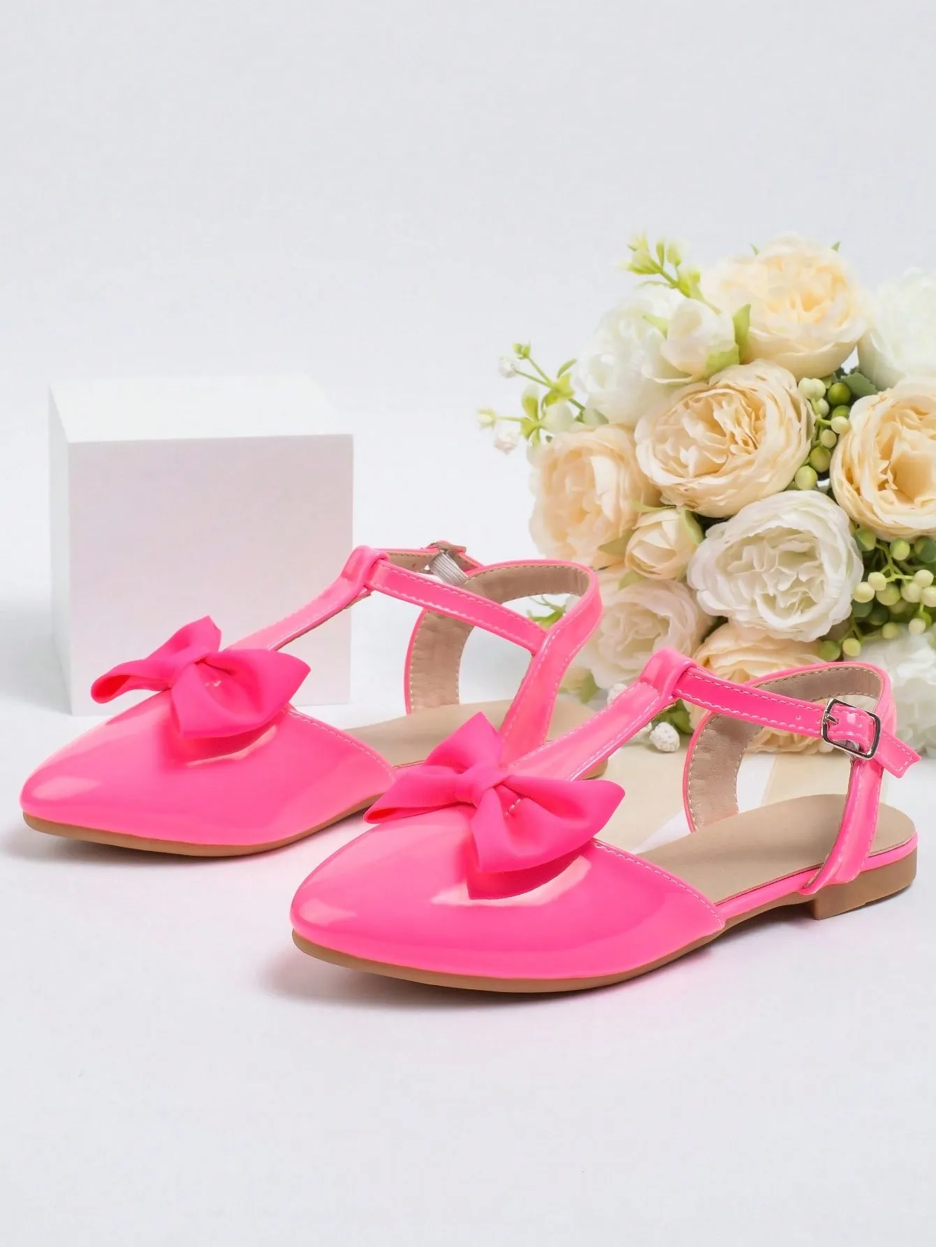 Girls Bow Decor Point Toe Ankle Strap Flats For Party