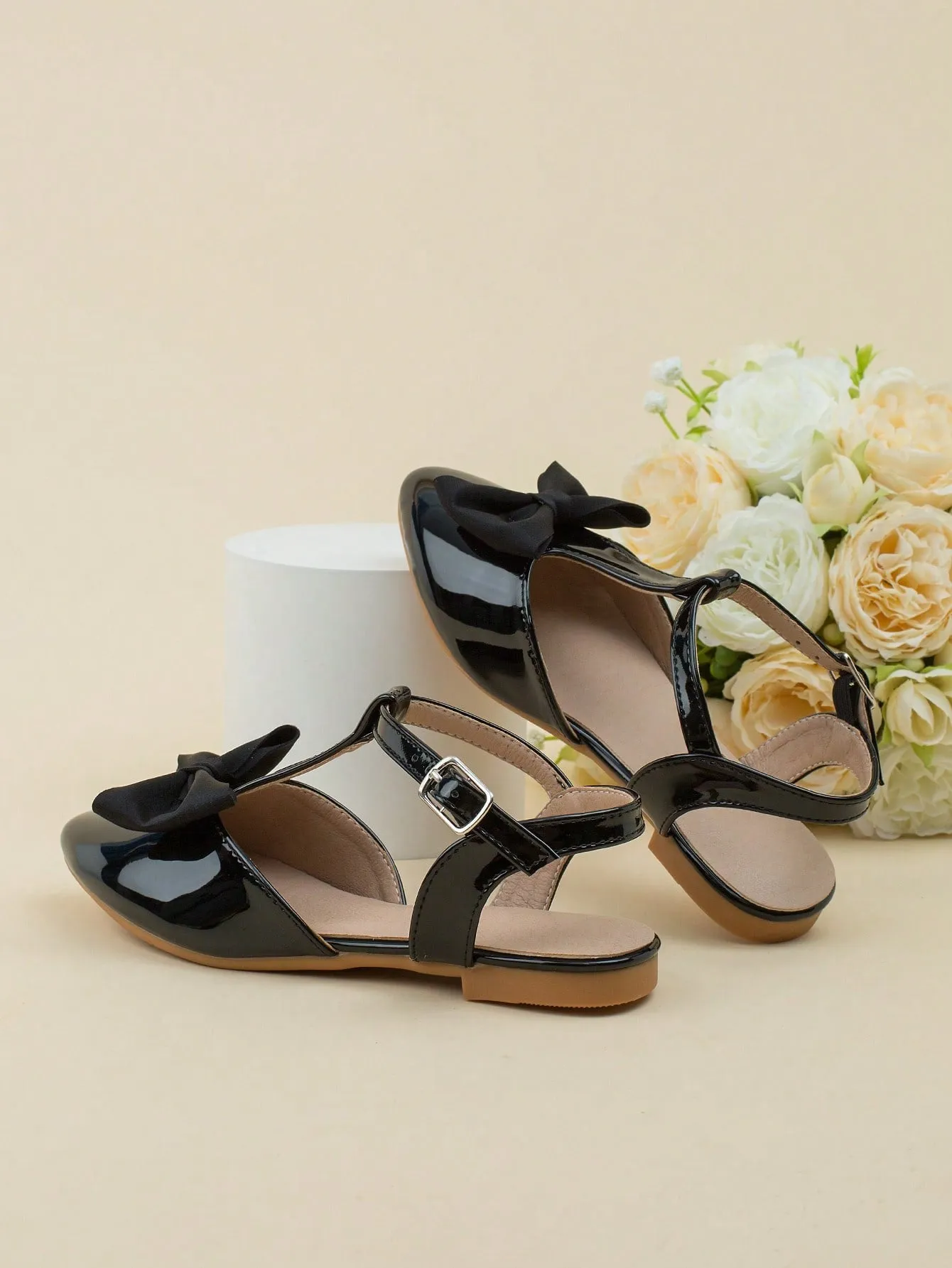 Girls Bow Decor Point Toe Ankle Strap Flats For Party