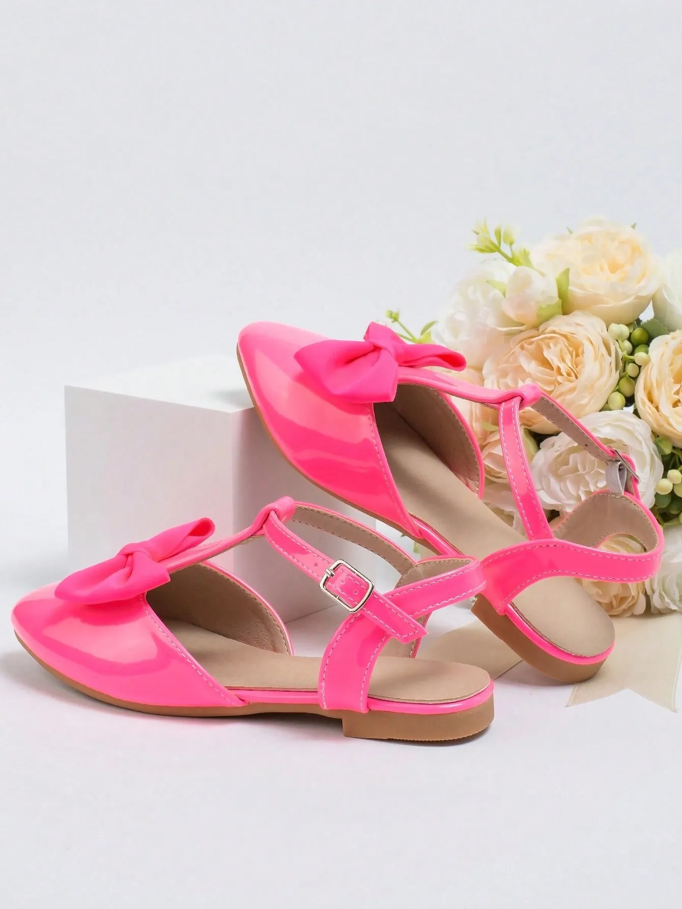 Girls Bow Decor Point Toe Ankle Strap Flats For Party