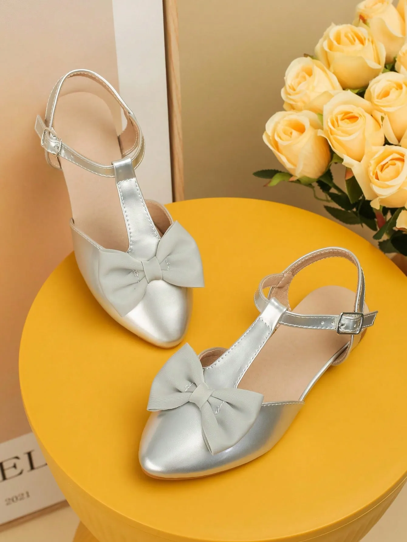 Girls Bow Decor Point Toe Ankle Strap Flats For Party