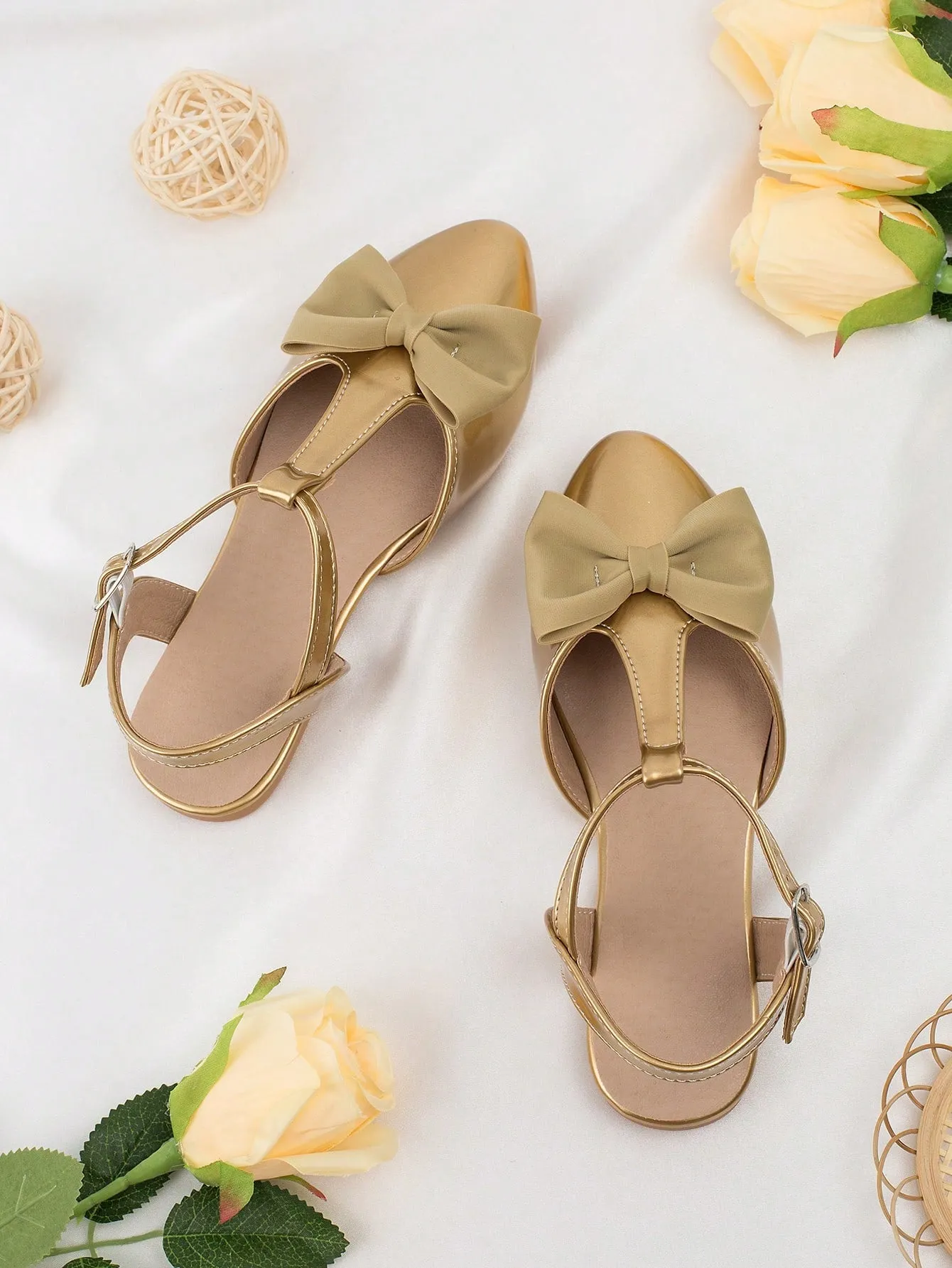 Girls Bow Decor Point Toe Ankle Strap Flats For Party