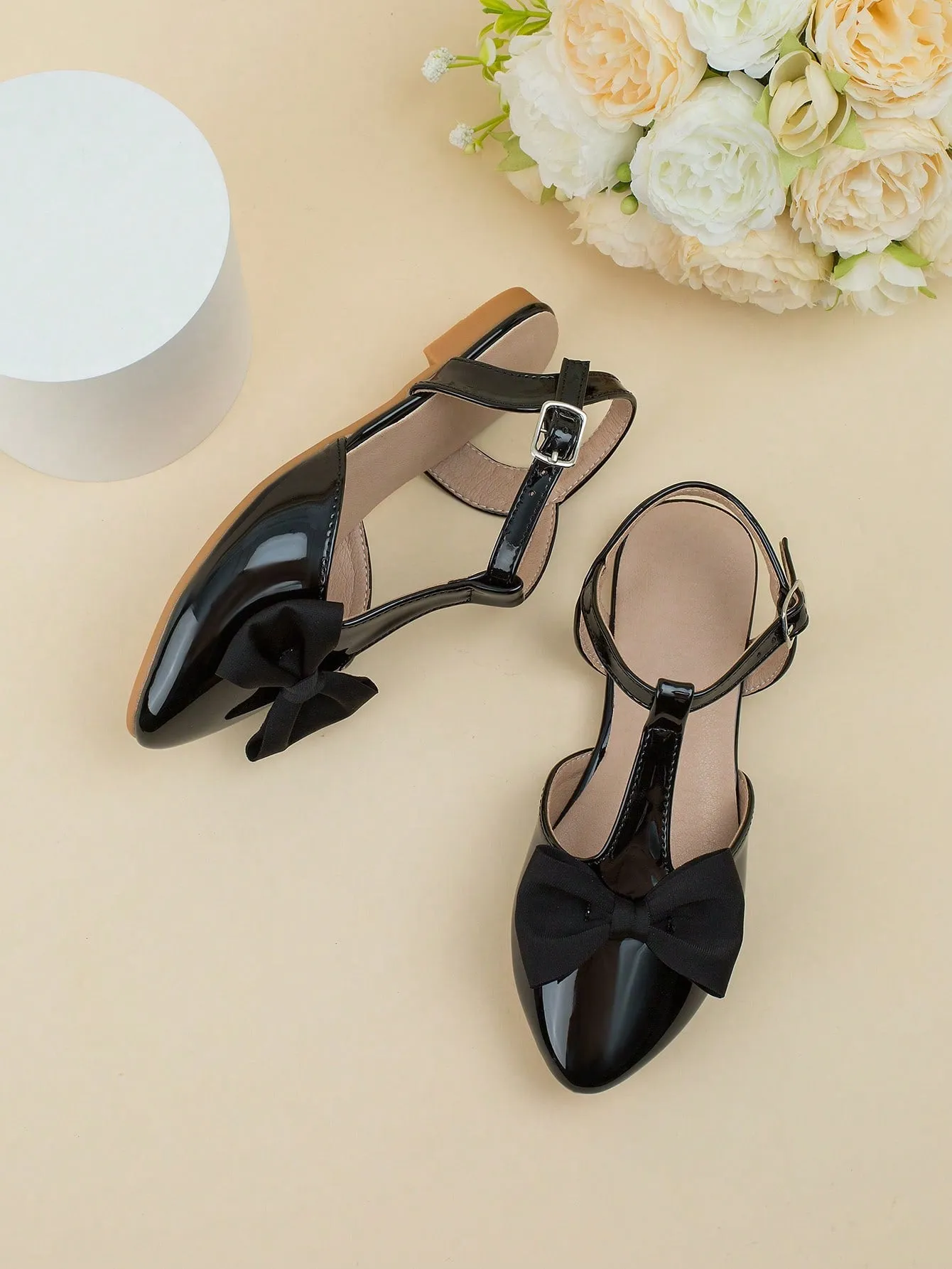 Girls Bow Decor Point Toe Ankle Strap Flats For Party