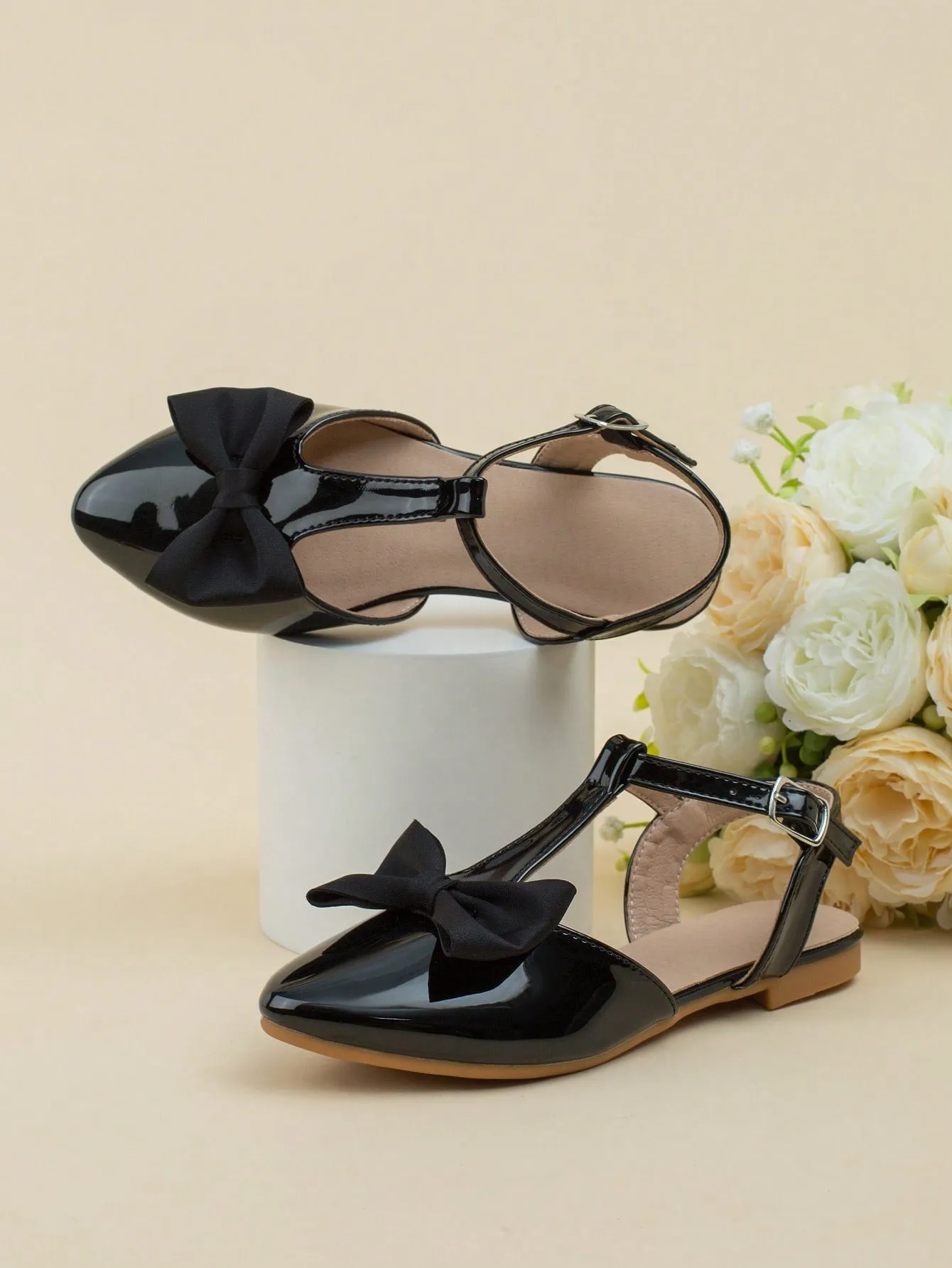 Girls Bow Decor Point Toe Ankle Strap Flats For Party
