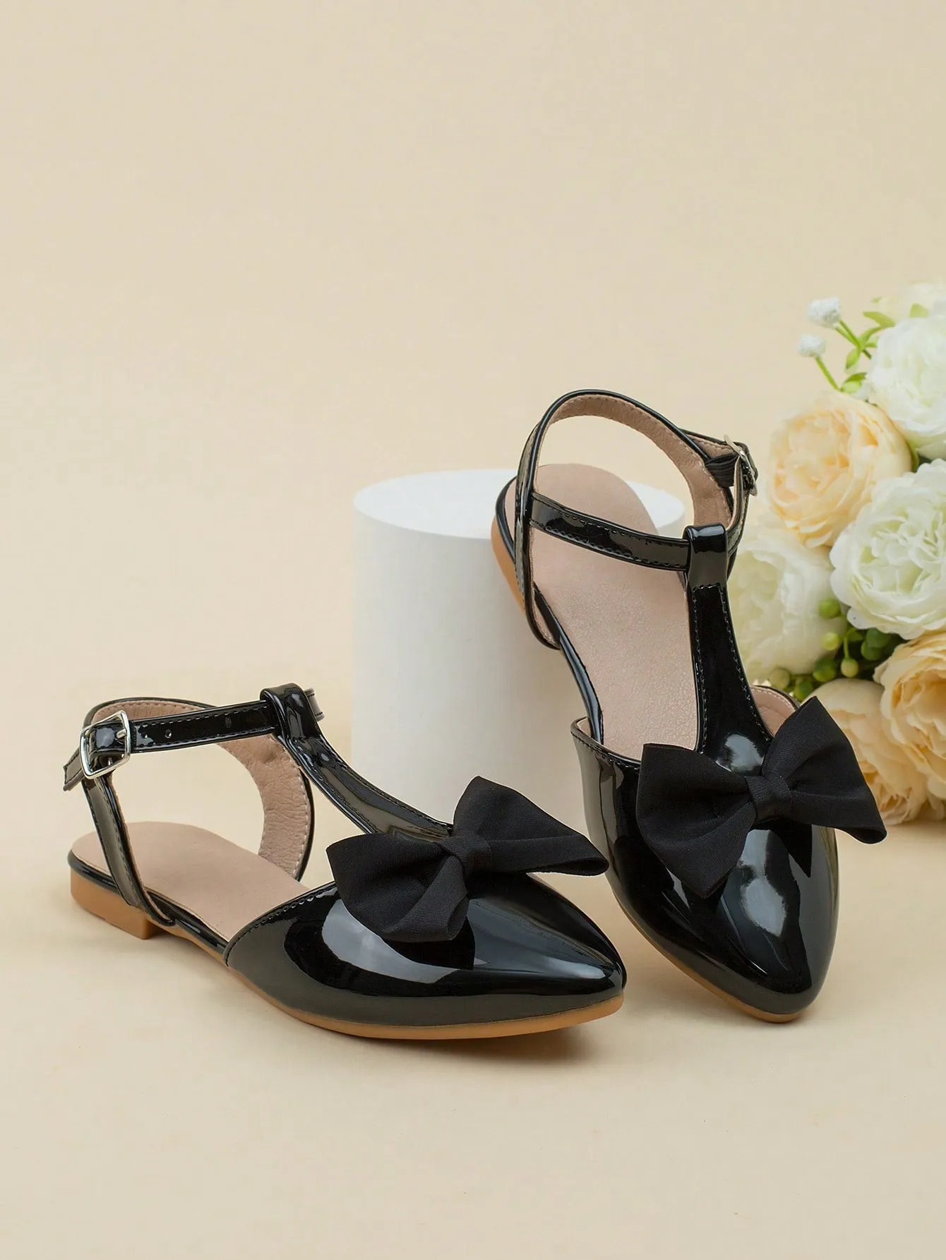 Girls Bow Decor Point Toe Ankle Strap Flats For Party