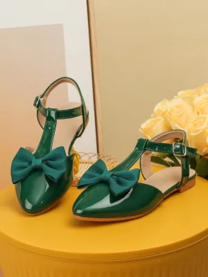 Girls Bow Decor Point Toe Ankle Strap Flats For Party