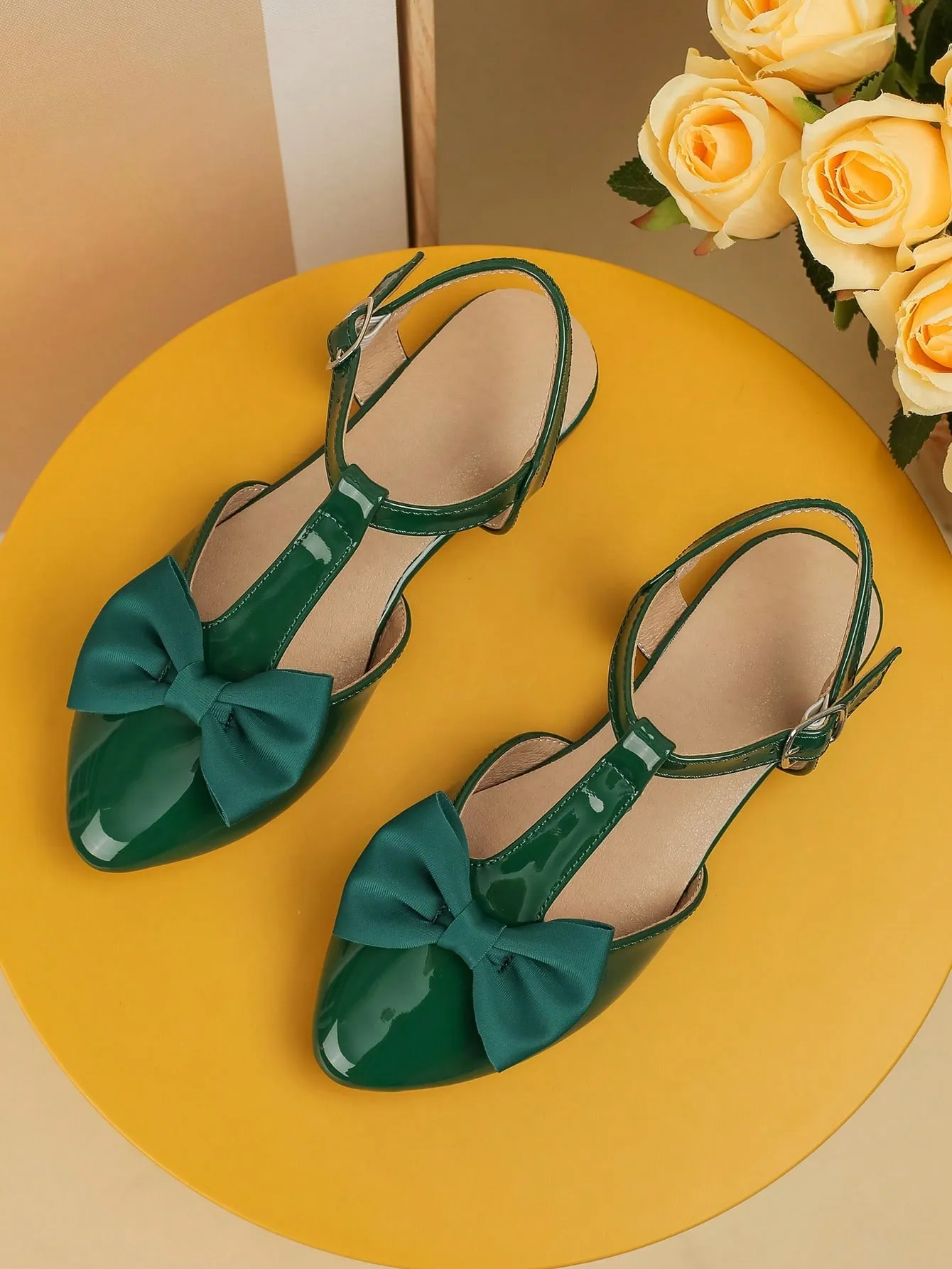 Girls Bow Decor Point Toe Ankle Strap Flats For Party