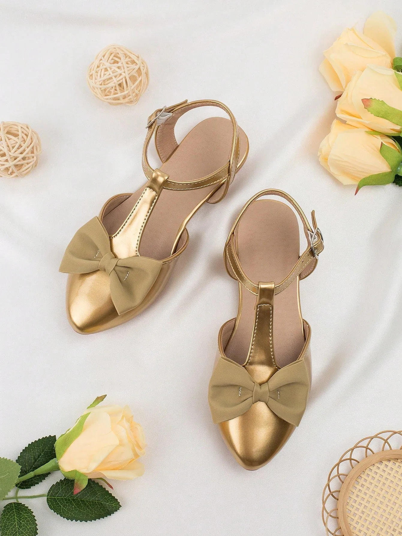 Girls Bow Decor Point Toe Ankle Strap Flats For Party