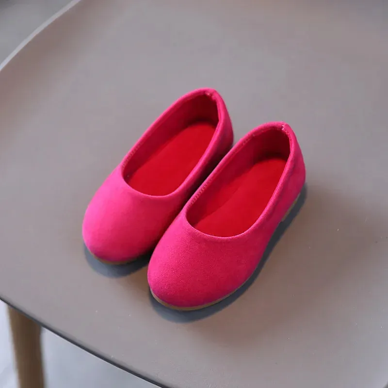 Girls Flat Leather Shoes Kids Casual Flats Candy Color Slip-on Loafers Flock Fabric Simple Chic Princess Children's Black Shoes