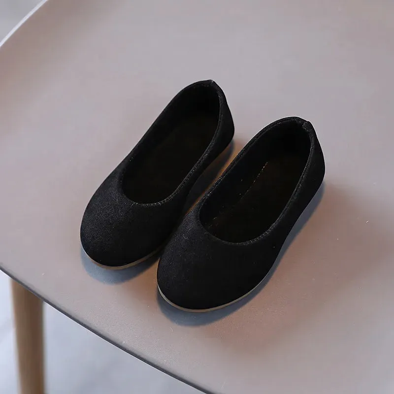 Girls Flat Leather Shoes Kids Casual Flats Candy Color Slip-on Loafers Flock Fabric Simple Chic Princess Children's Black Shoes