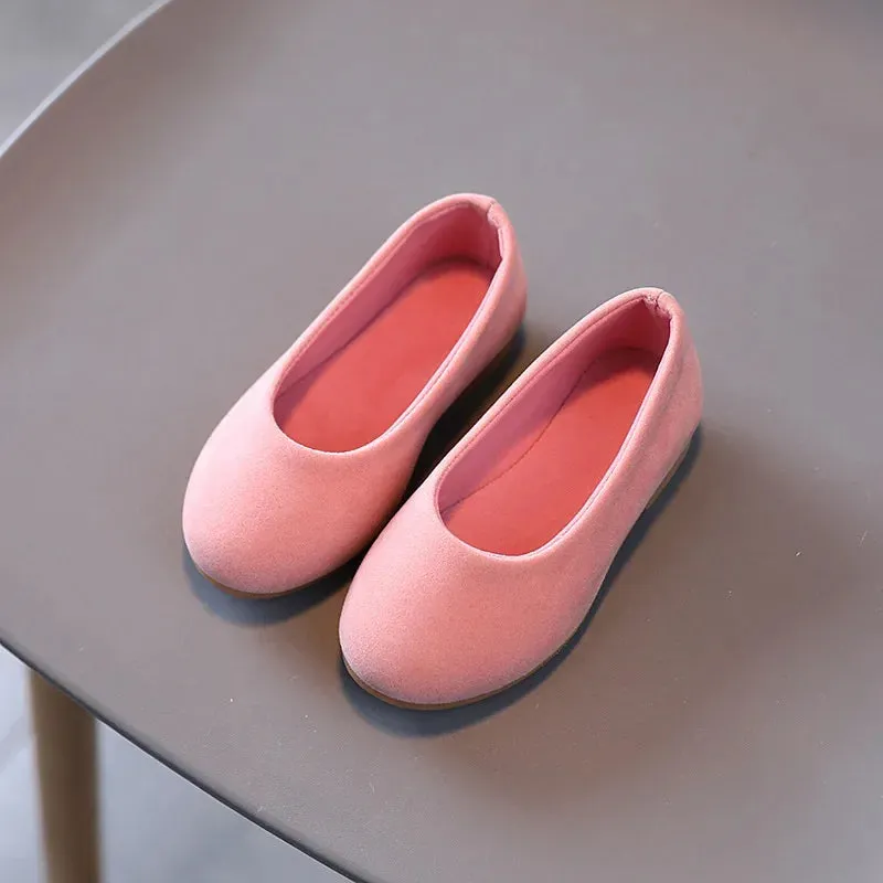 Girls Flat Leather Shoes Kids Casual Flats Candy Color Slip-on Loafers Flock Fabric Simple Chic Princess Children's Black Shoes