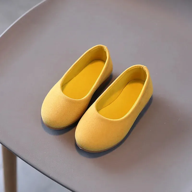 Girls Flat Leather Shoes Kids Casual Flats Candy Color Slip-on Loafers Flock Fabric Simple Chic Princess Children's Black Shoes