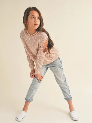 Girls Soft Open Shoulder Floral Flare Hoodie