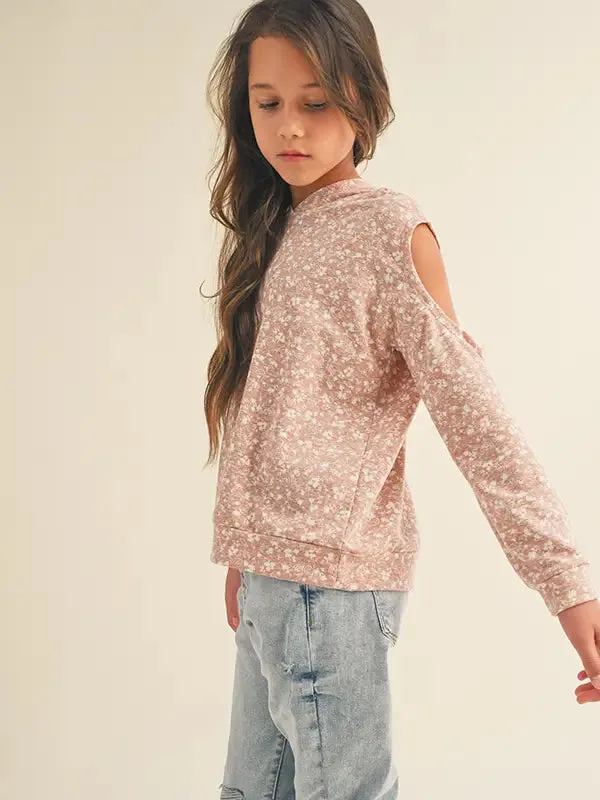 Girls Soft Open Shoulder Floral Flare Hoodie