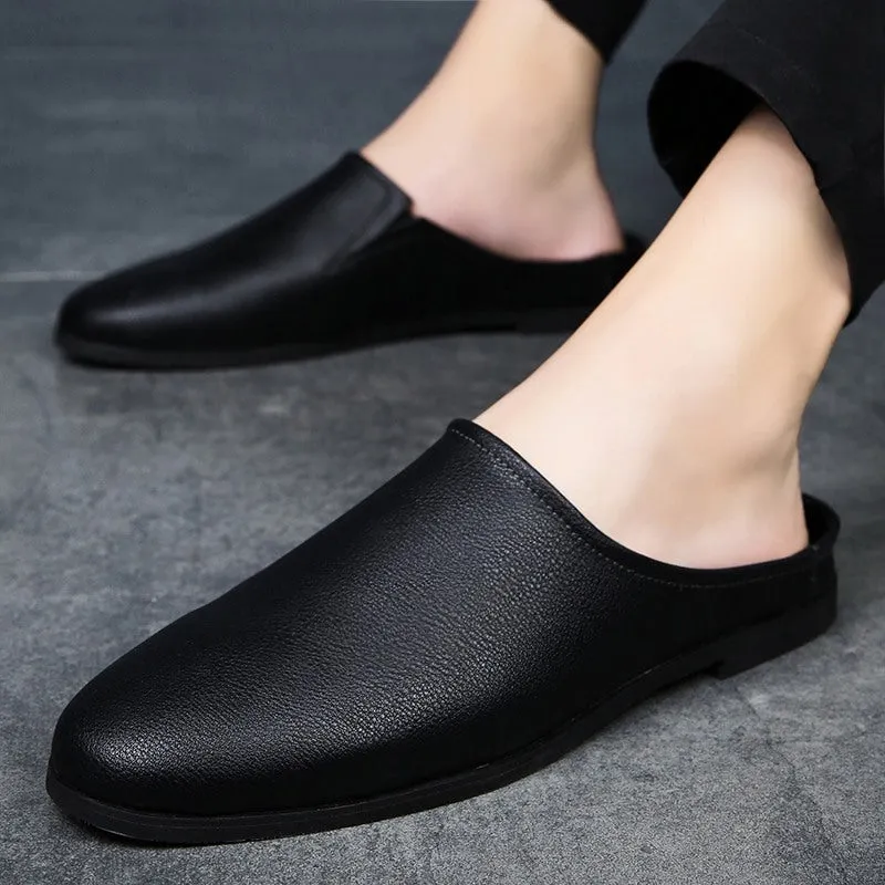 Half slippers men's summer men's pointed leather shoes Korean version personality heel less fashion slippers British leisure sandals men's slippers