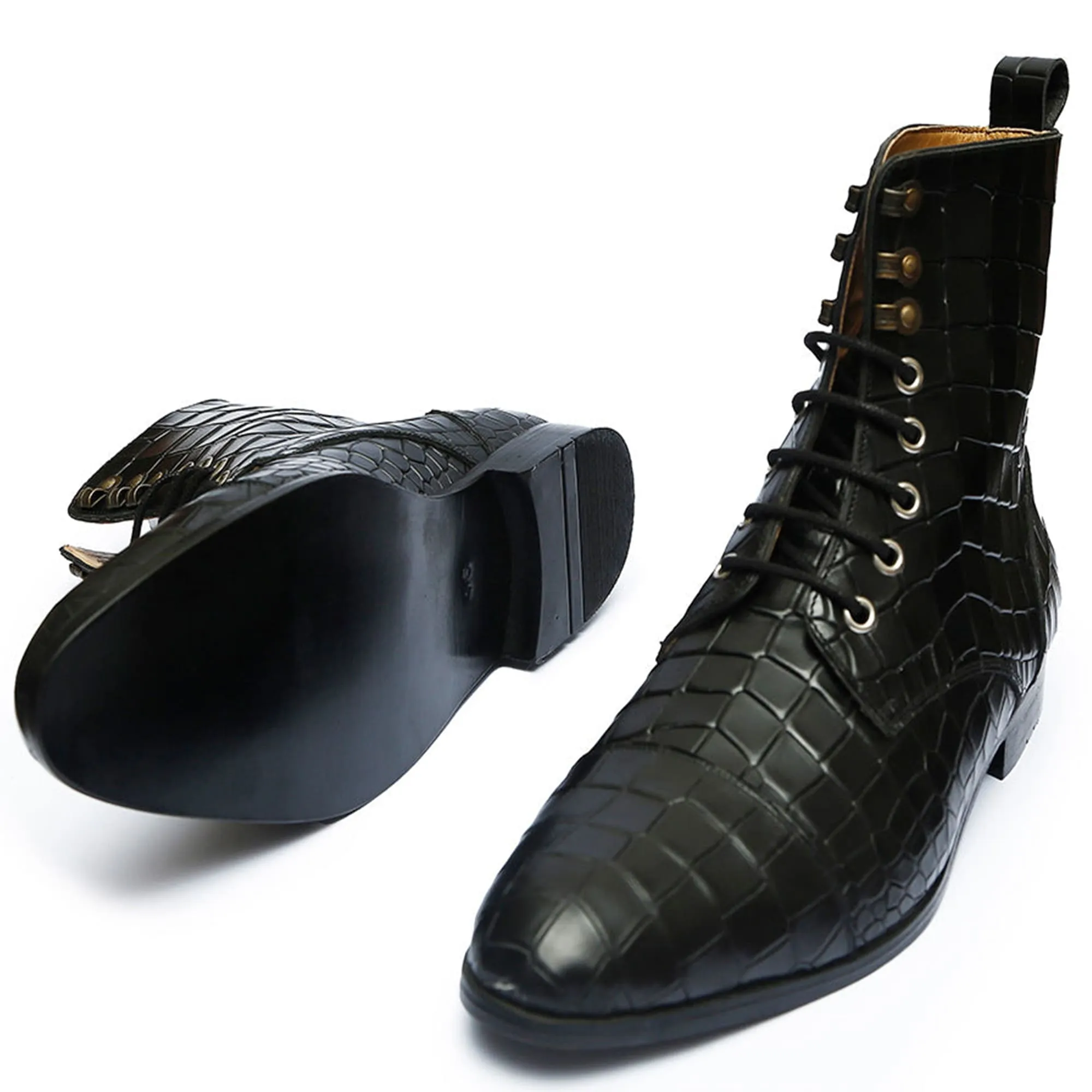 Handmade Custom Black Crocodile Pattern Calf Leather Boots For Men