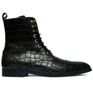 Handmade Custom Black Crocodile Pattern Calf Leather Boots For Men