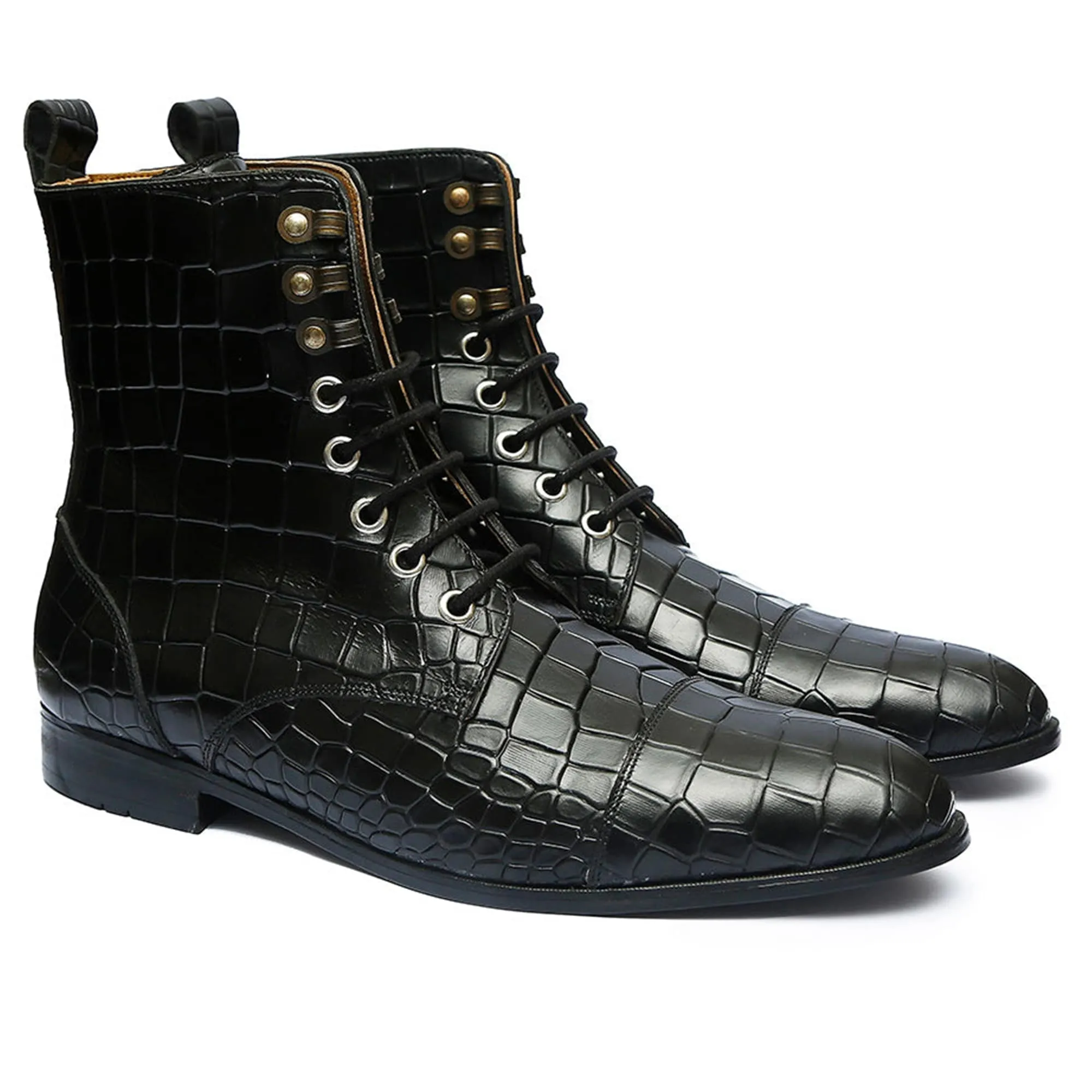 Handmade Custom Black Crocodile Pattern Calf Leather Boots For Men