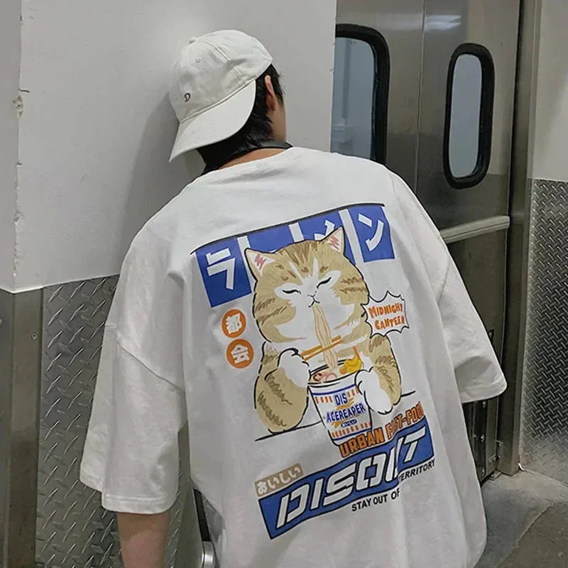 Harajuku Cat Eating Noodles Graphic Tee From Kawaii Stop