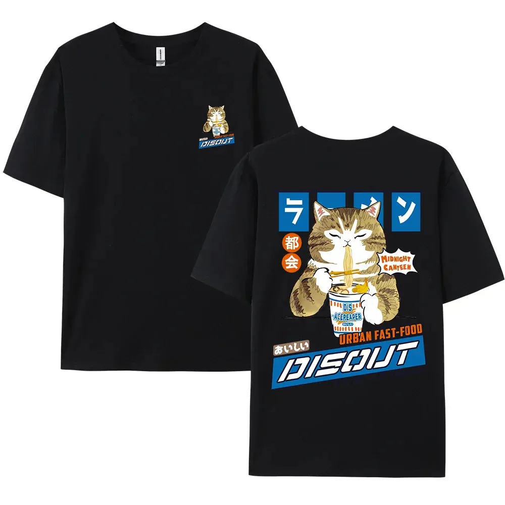 Harajuku Cat Eating Noodles Graphic Tee From Kawaii Stop