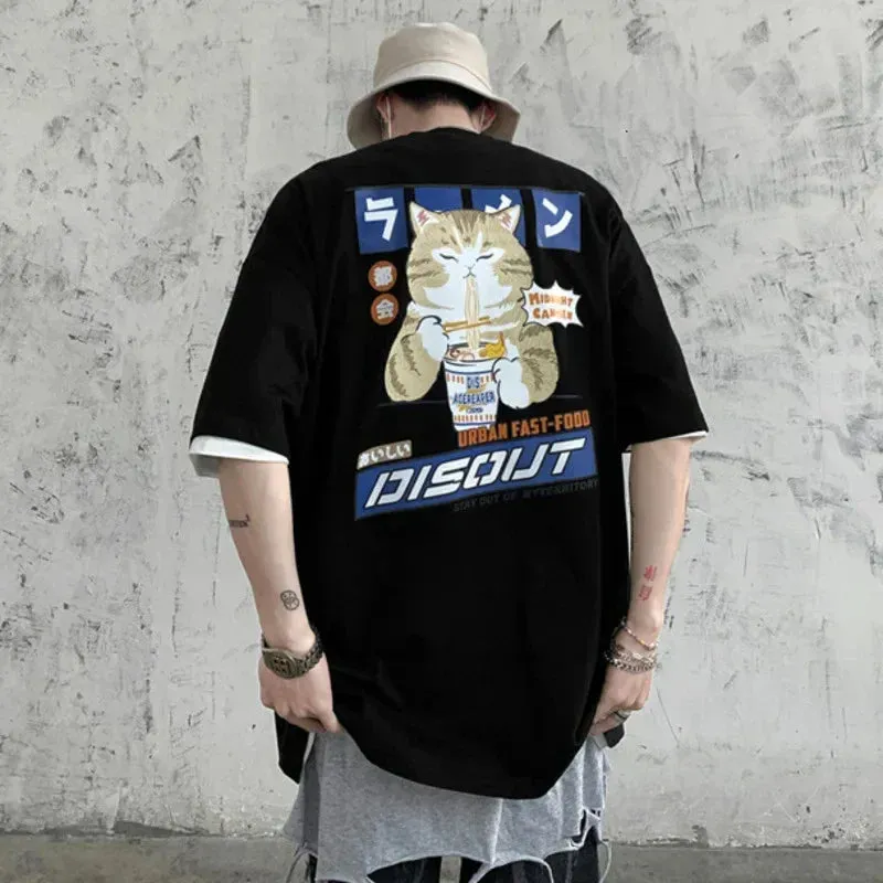 Harajuku Cat Eating Noodles Graphic Tee From Kawaii Stop