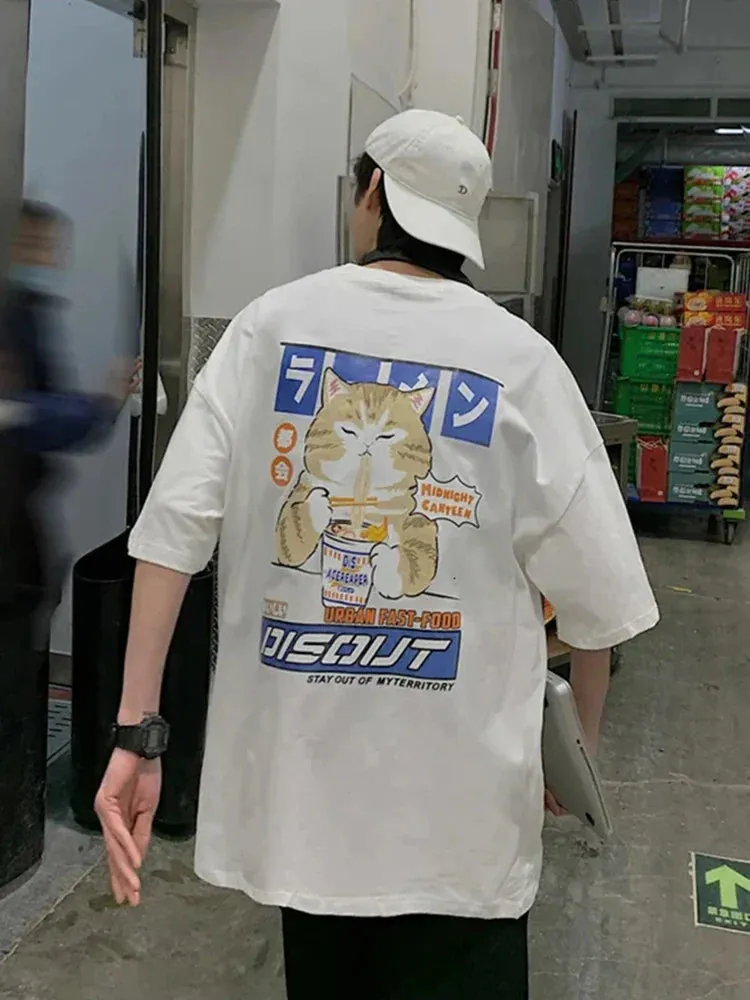 Harajuku Cat Eating Noodles Graphic Tee From Kawaii Stop