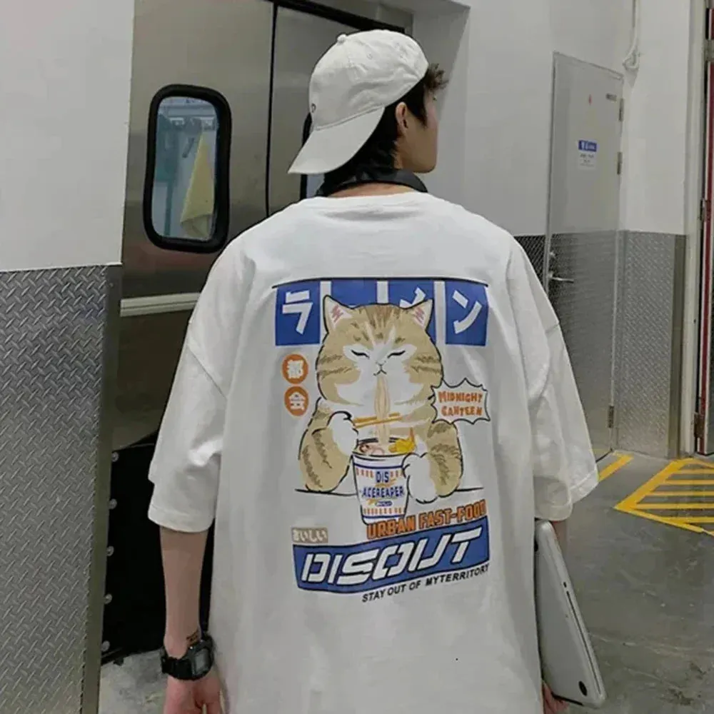 Harajuku Cat Eating Noodles Graphic Tee From Kawaii Stop