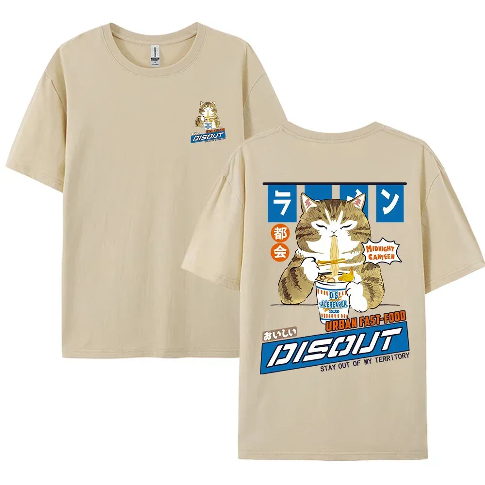 Harajuku Cat Eating Noodles Graphic Tee From Kawaii Stop