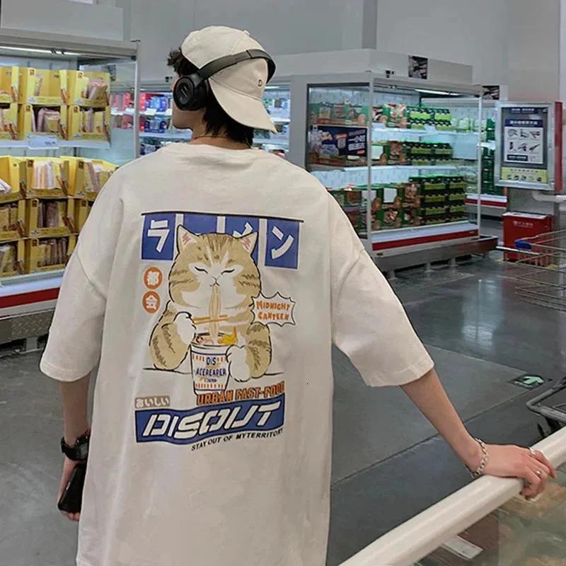 Harajuku Cat Eating Noodles Graphic Tee From Kawaii Stop