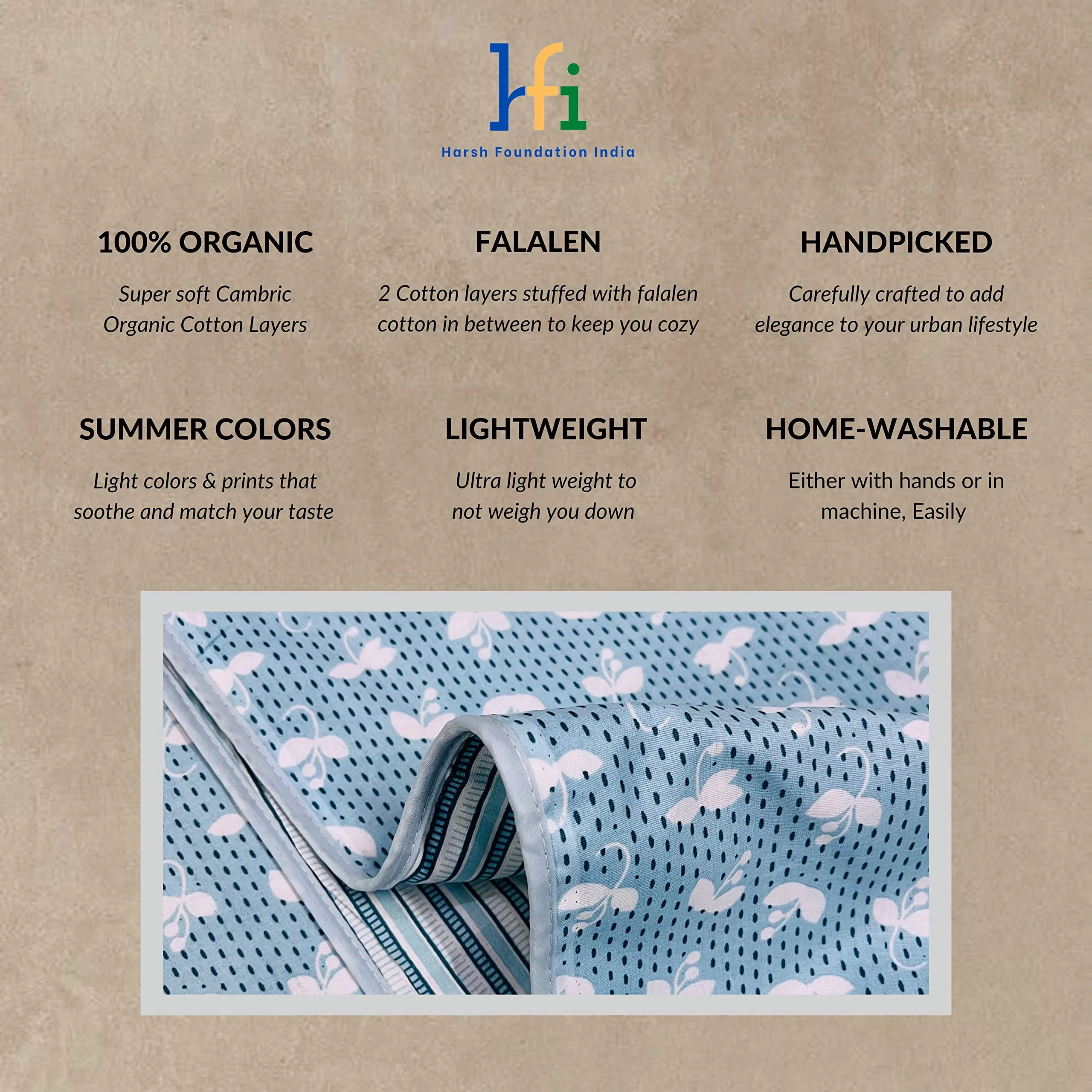 Harsh Foundation India (HFI Single Bed 100% Organic Cambric Cotton Reversible Dohar/Topsheet for Summer/AC Room, Gentle & Lightweight (SkyBlue, Striped Abstract Print) Handcrafted Premium Dohar