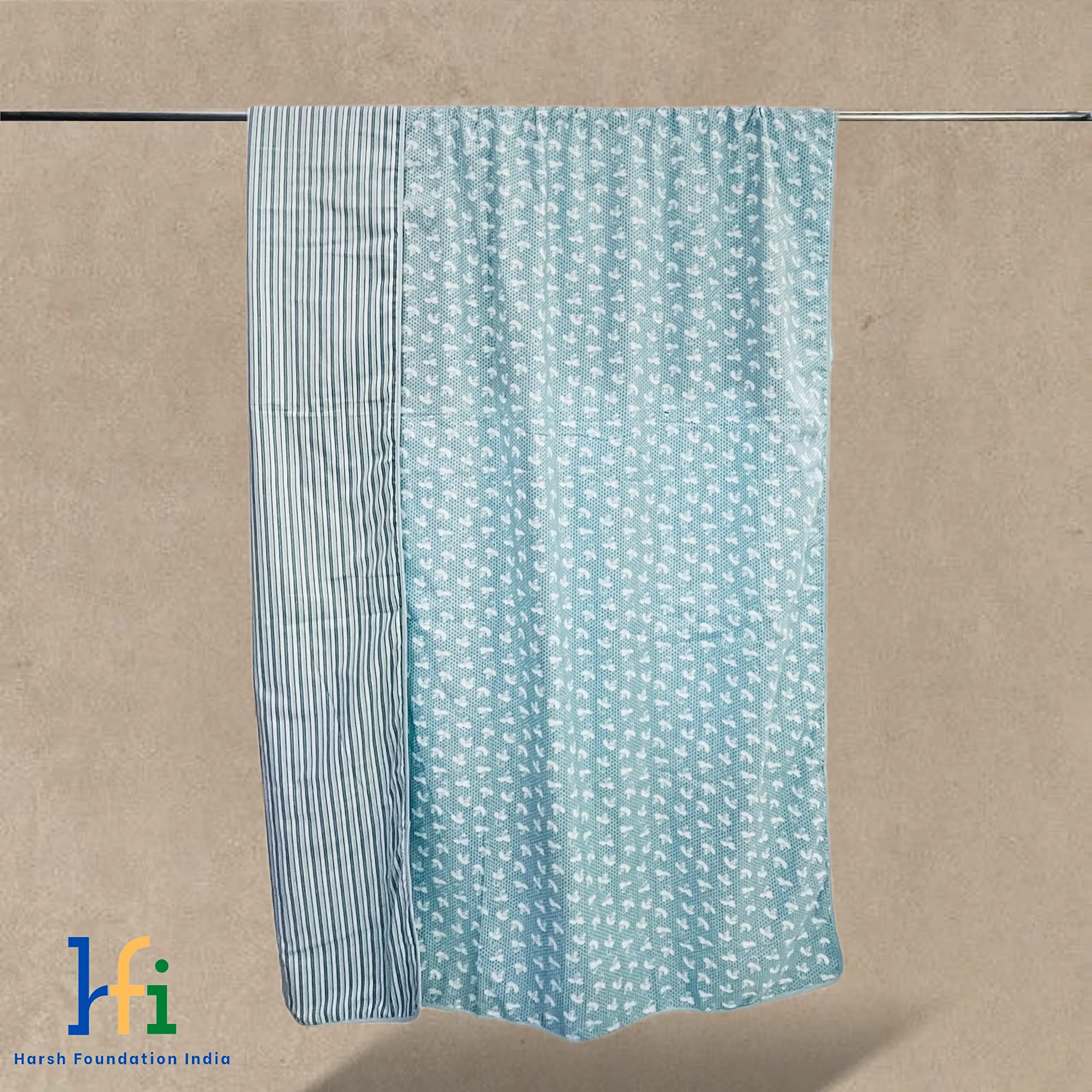 Harsh Foundation India (HFI Single Bed 100% Organic Cambric Cotton Reversible Dohar/Topsheet for Summer/AC Room, Gentle & Lightweight (SkyBlue, Striped Abstract Print) Handcrafted Premium Dohar